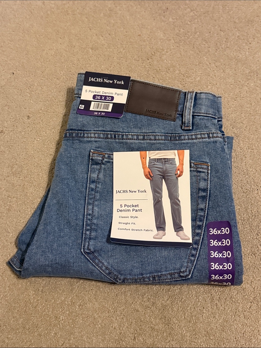 JACHS New York Mens 5 Pocket Denim Pant Light Wash Straight Fit 36x30 NWT